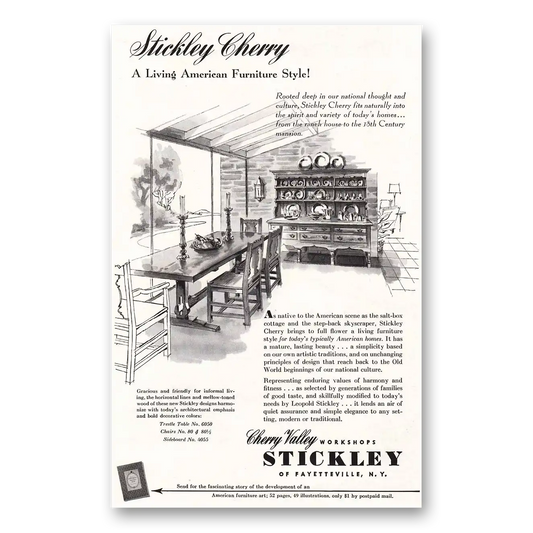 1953 Stickley Furniture Cherry Living American Furniture Style Vintage Magazine Print Ad