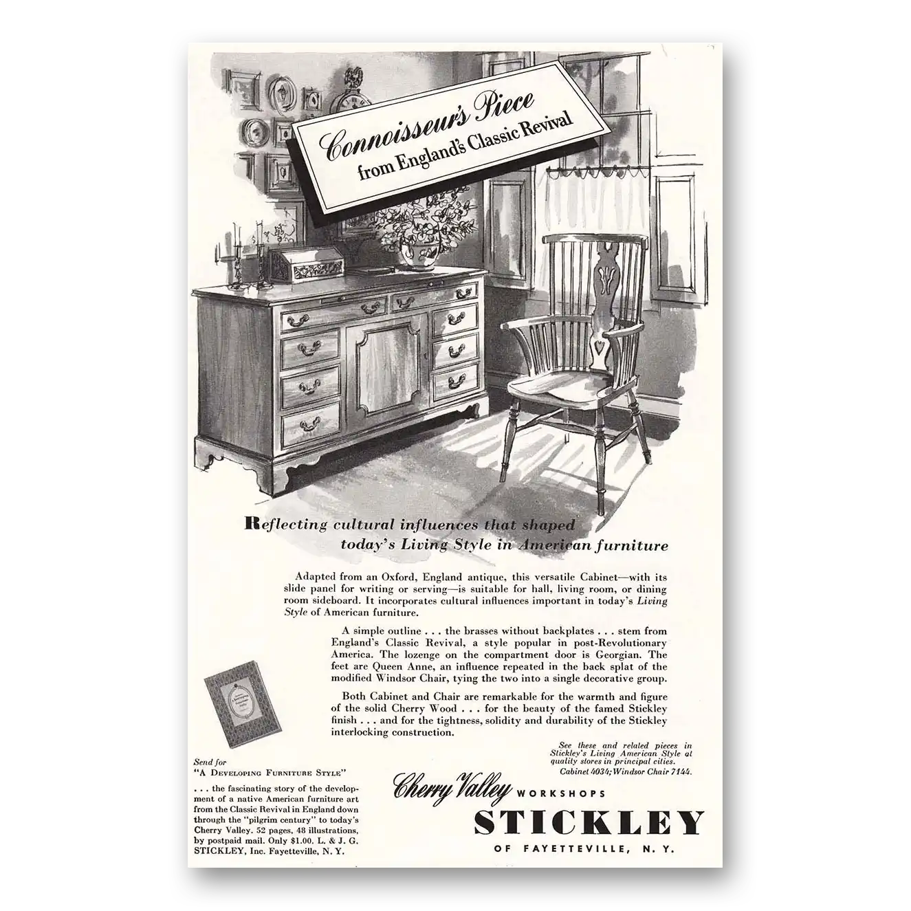 1953 Stickley Furniture Connoisseurs Piece England Classic Vintage Magazine Print Ad