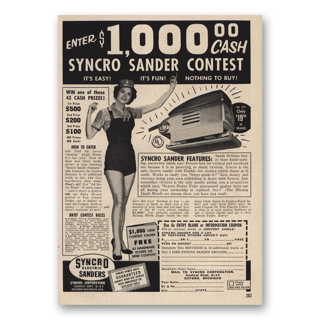 1953 Syncro Electric Sanders Contest Vintage Magazine Print Ad