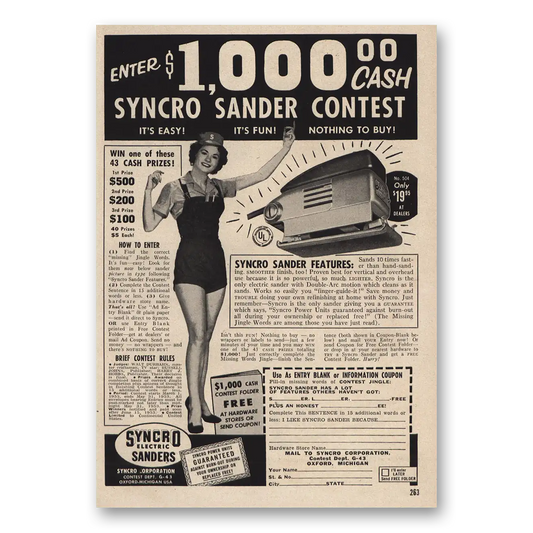 1953 Syncro Electric Sanders Contest Vintage Magazine Print Ad