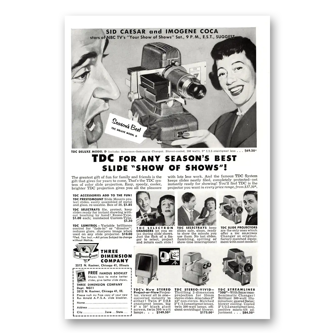 1953 TDC Projector Sid Caesar Imogene Coca Vintage Magazine Print Ad