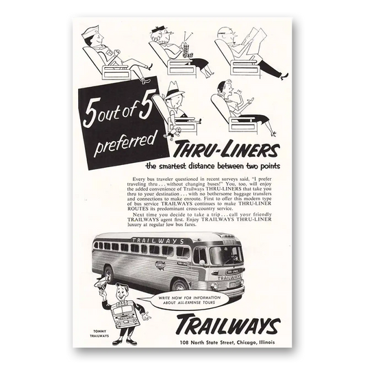 1953 Trailways Preferred Thru Liners Vintage Magazine Print Ad