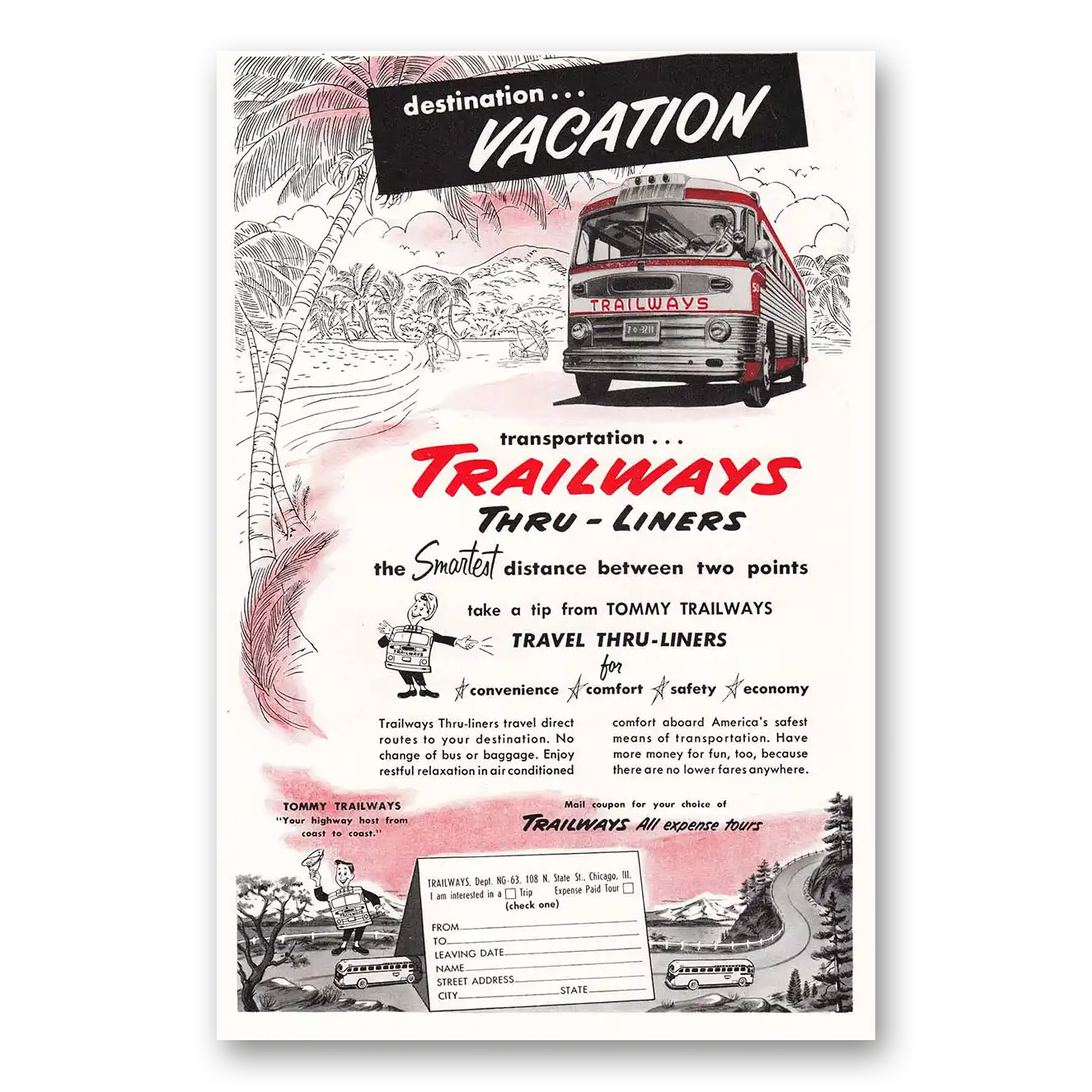 1953 Trailways Destination Vacation Vintage Magazine Print Ad