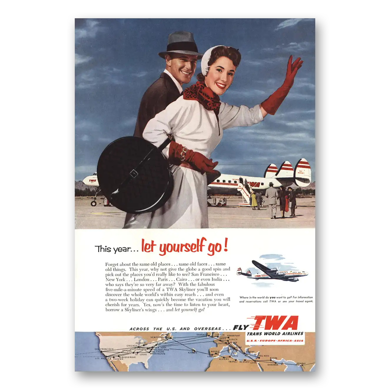 1953 TWA Airlines This Year Let Yourself Go Vintage Magazine Print Ad