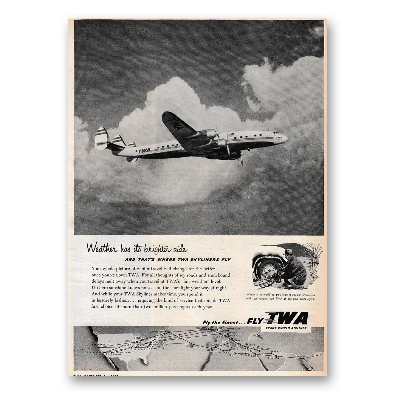 1953 TWA Airlines Weather Has Its Brighter Side Vintage Magazine Print Ad