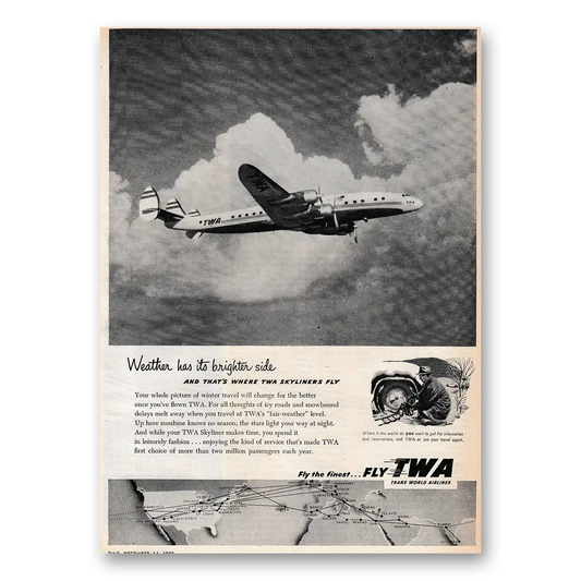 1953 TWA Airlines Weather Has Its Brighter Side Vintage Magazine Print Ad