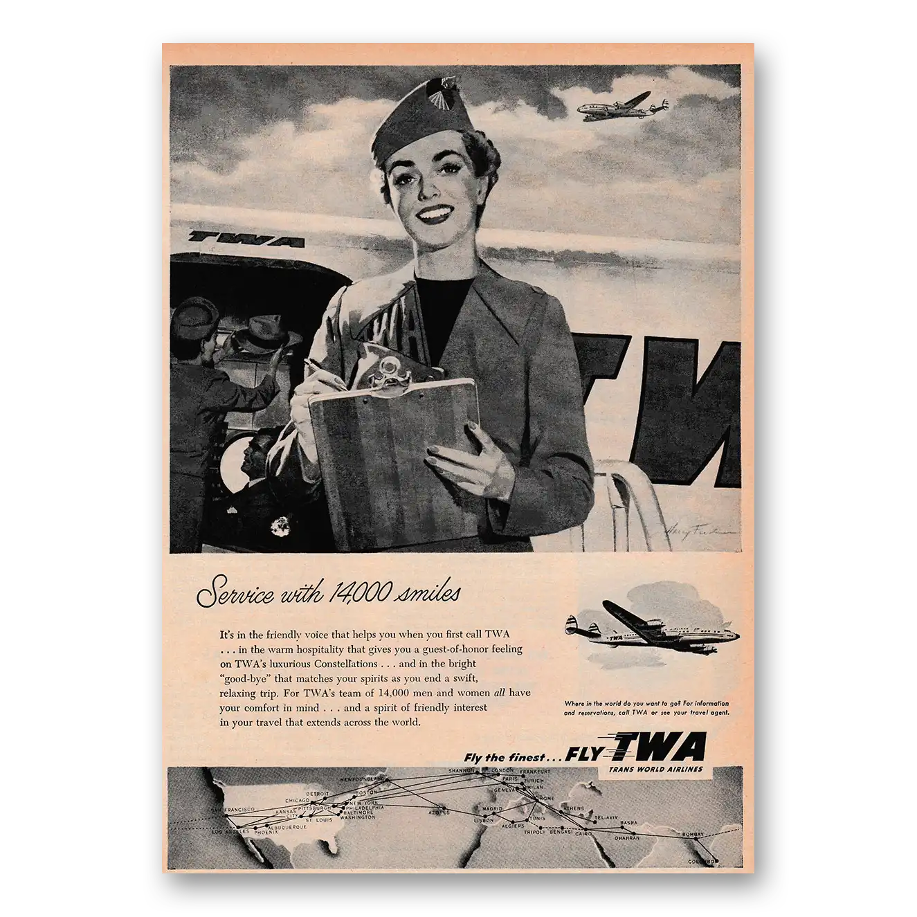 1953 TWA Airlines Service With 14000 Smiles Vintage Magazine Print Ad