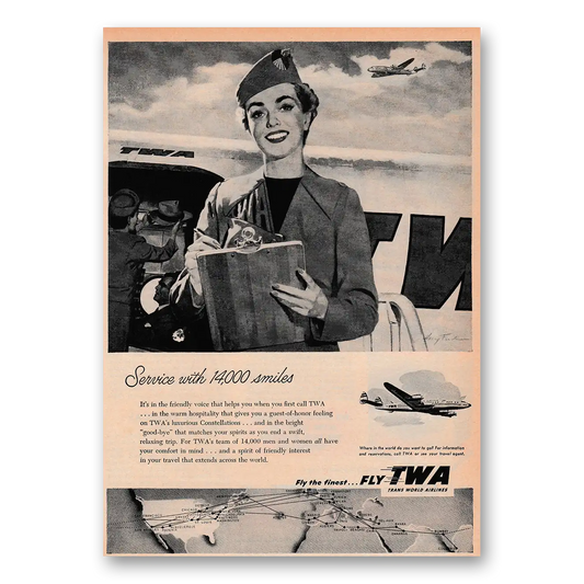 1953 TWA Airlines Service With 14000 Smiles Vintage Magazine Print Ad