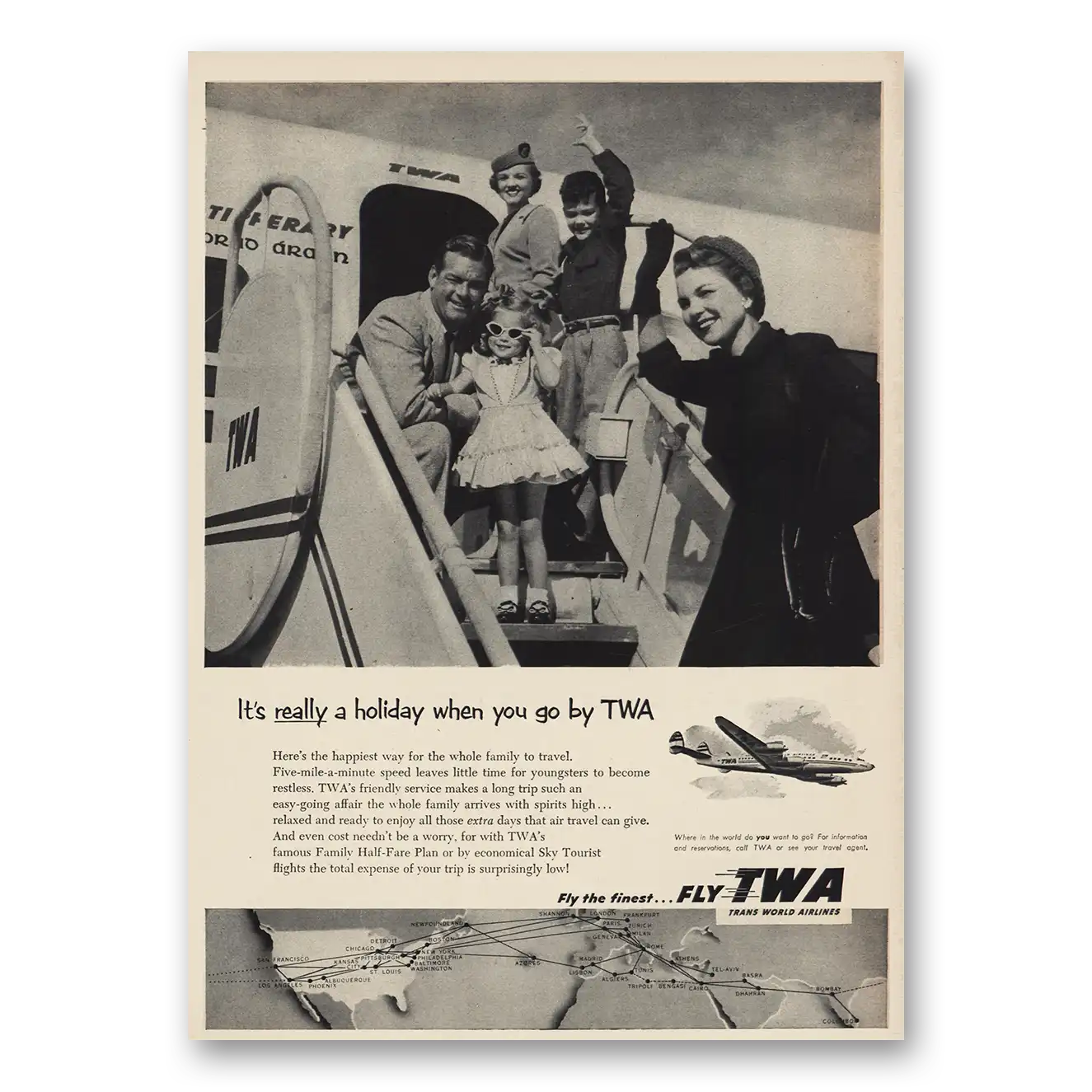 1953 TWA Airlines Really a Holiday When You Go By TWA Vintage Magazine Print Ad