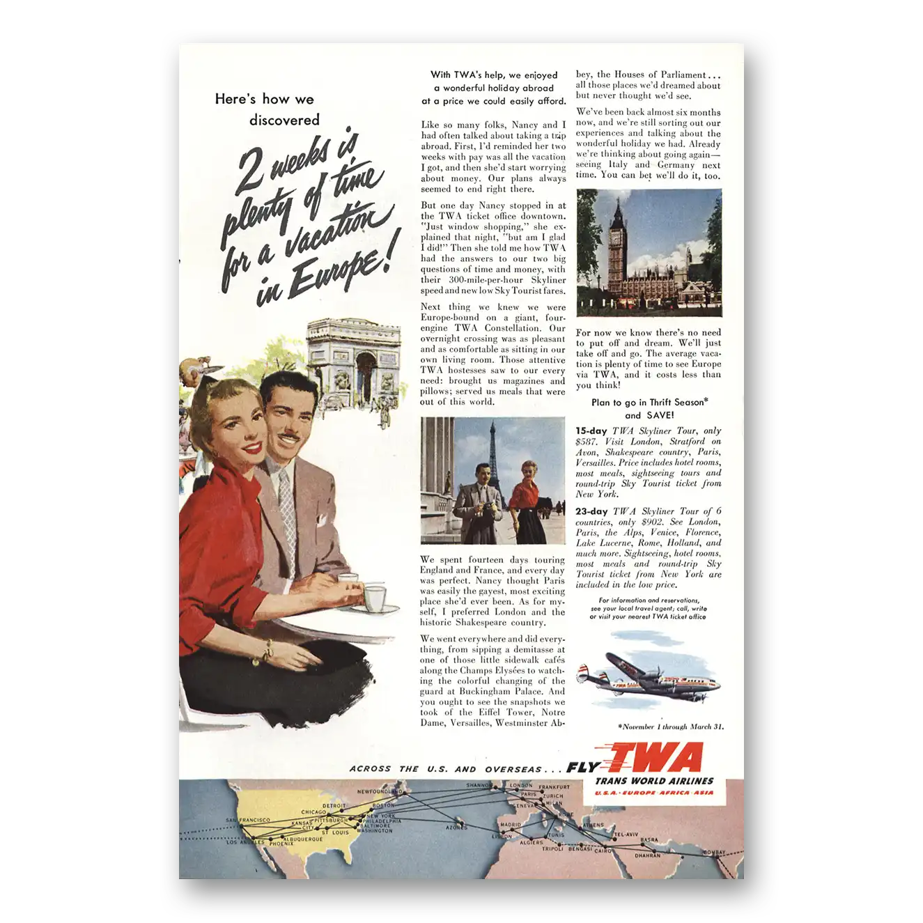 1953 TWA Airlines Europe Thrift Season Fares Vintage Magazine Print Ad