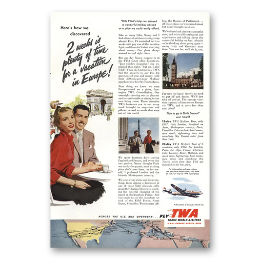 1953 TWA Airlines Europe Thrift Season Fares Vintage Magazine Print Ad