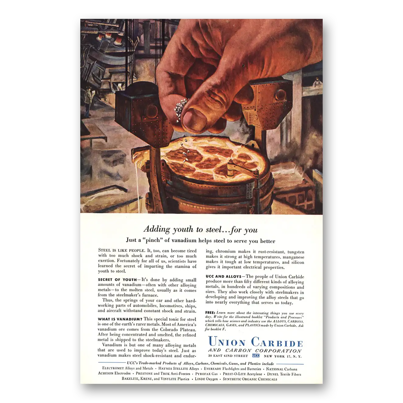 1953 Union Carbide Adding Youth to Steel Vintage Magazine Print Ad