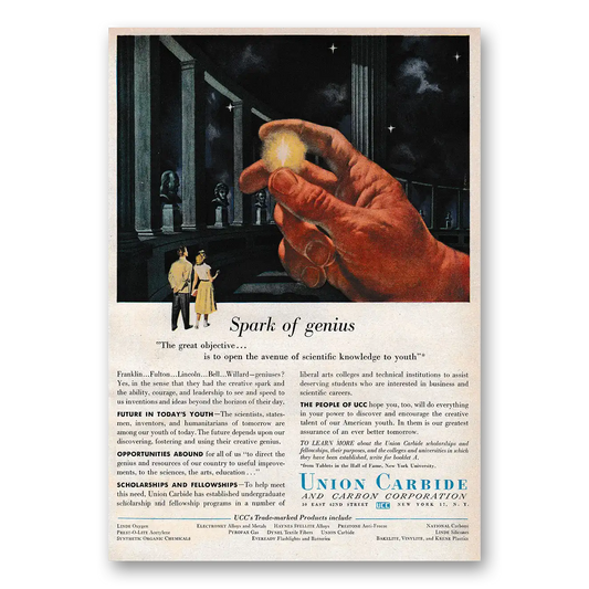 1953 Union Carbide Spark of Genius Vintage Magazine Print Ad