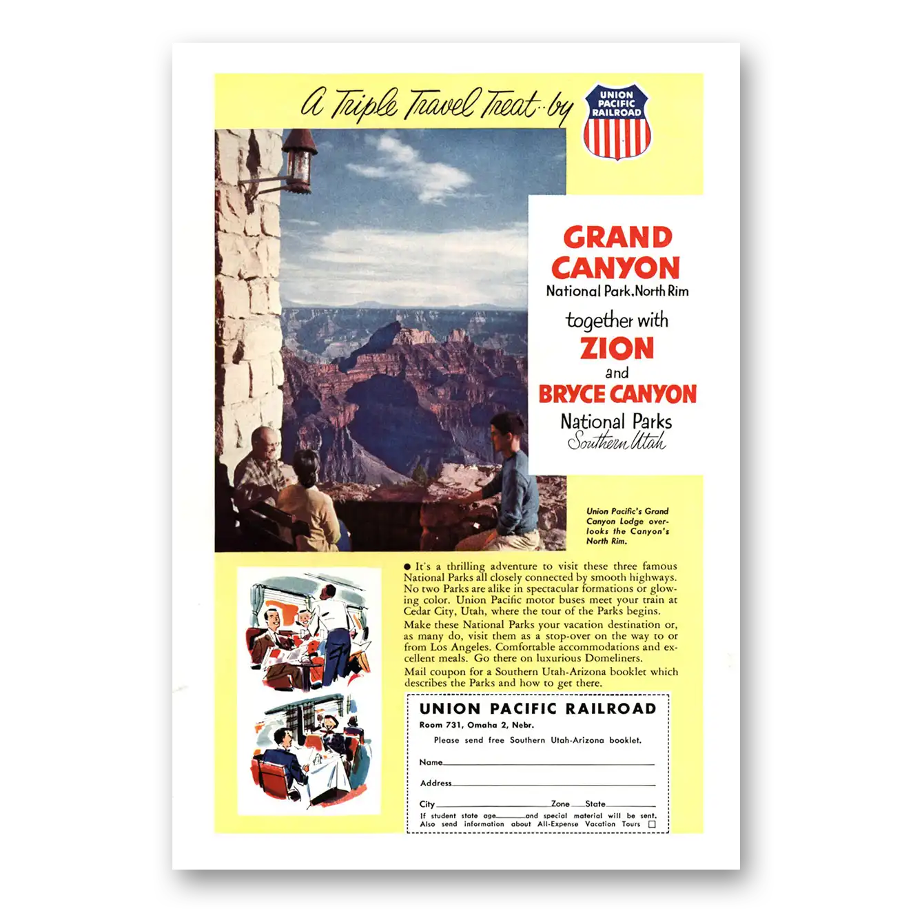 1953 Union Pacific Railroad Grand Canyon Zion Bryce Canyon Vintage Magazine Print Ad