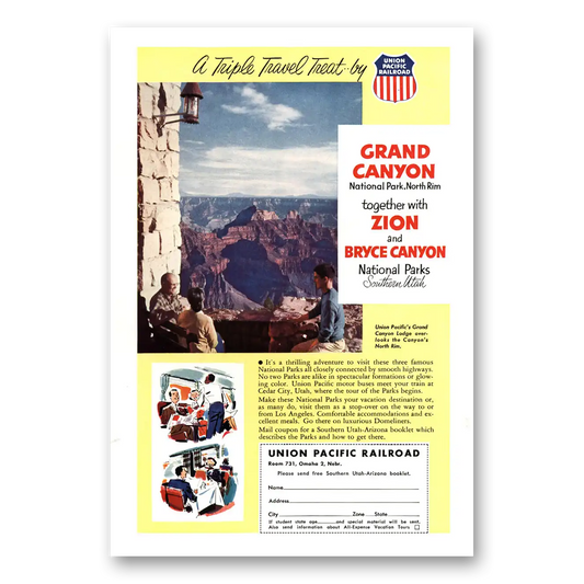 1953 Union Pacific Railroad Grand Canyon Zion Bryce Canyon Vintage Magazine Print Ad