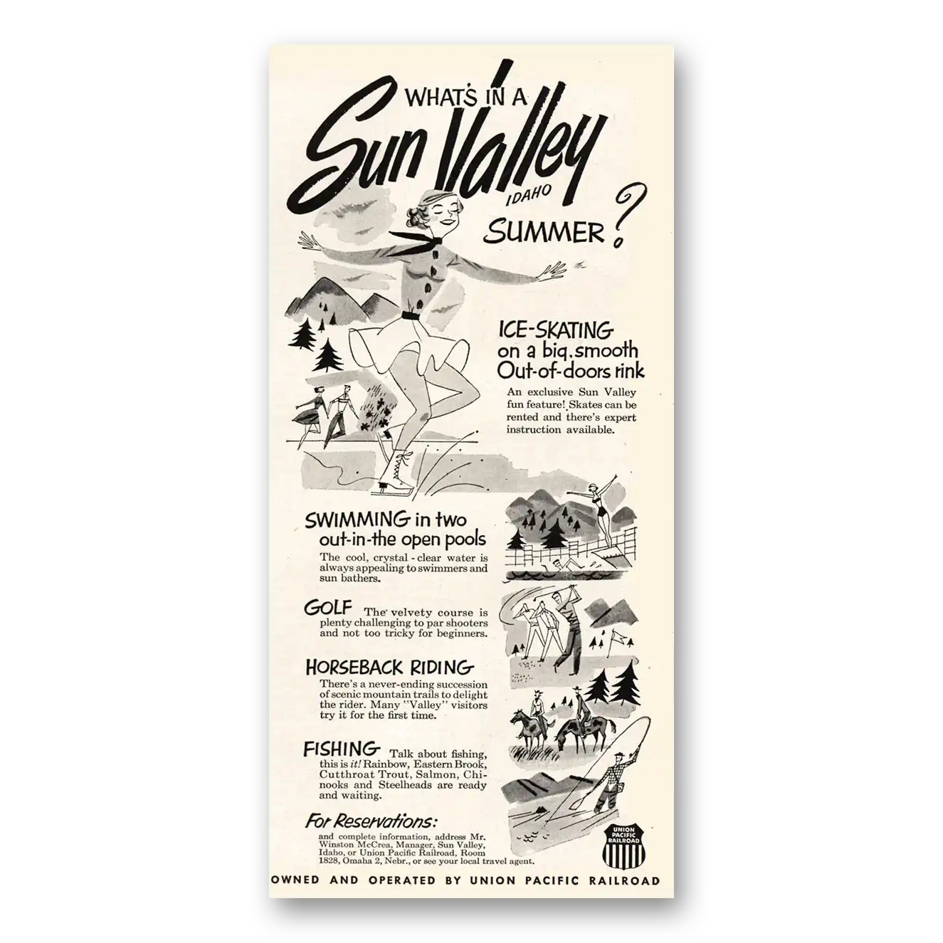 1953 Sun Valley Idaho Summer Ice Skating Vintage Magazine Print Ad