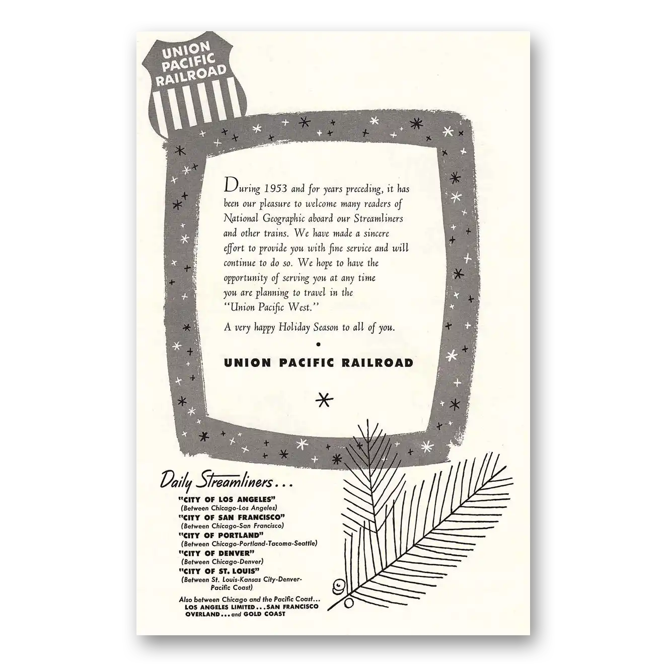 1953 Union Pacific Railroad Holiday Letter to Their Travelers Vintage Magazine Print Ad