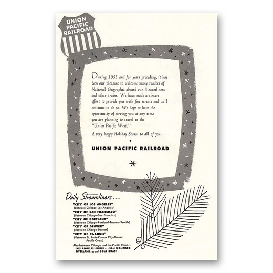 1953 Union Pacific Railroad Holiday Letter to Their Travelers Vintage Magazine Print Ad