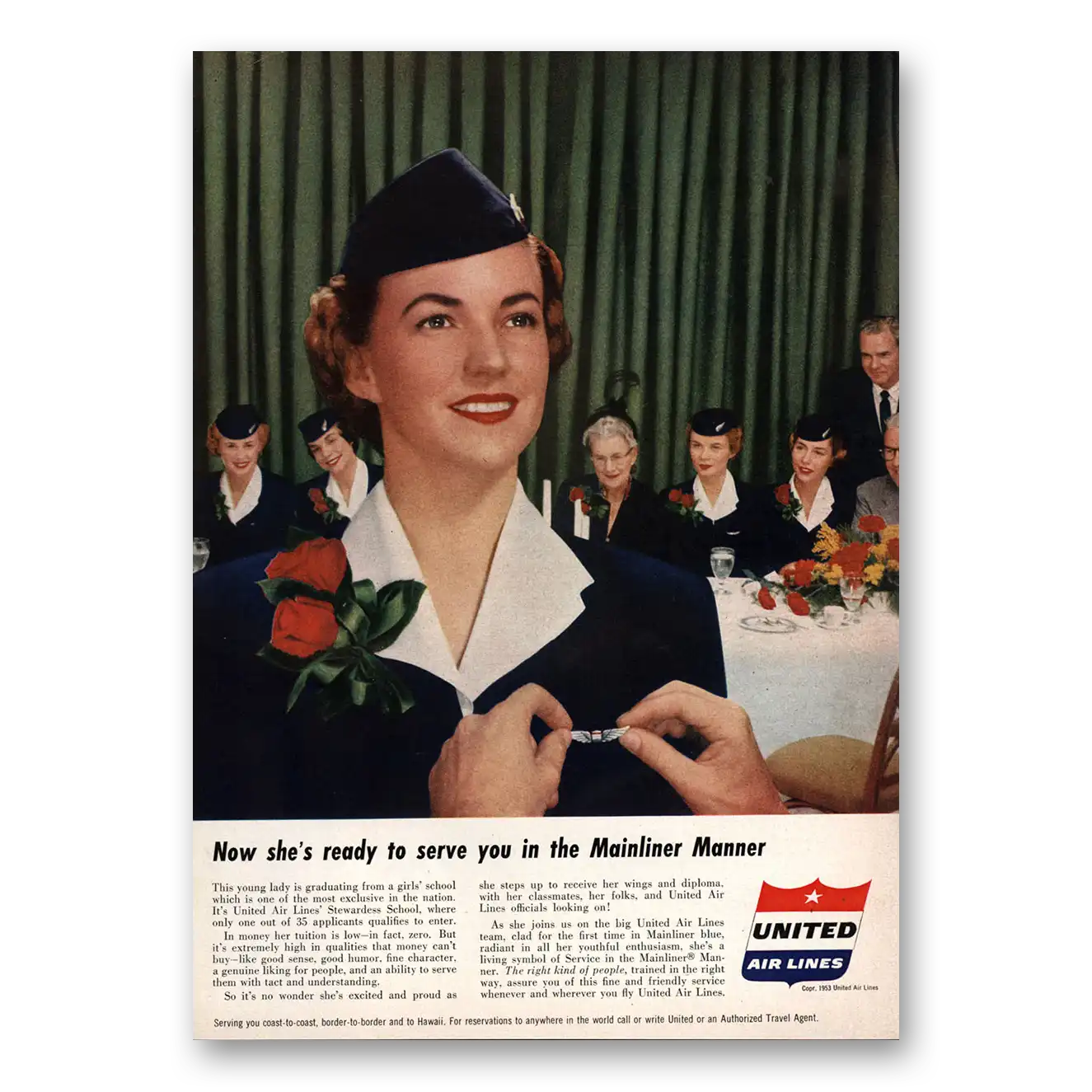 1953 United Airlines Stewardess School Mainliner Manner Vintage Magazine Print Ad