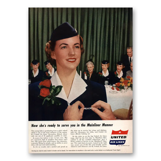 1953 United Airlines Stewardess School Mainliner Manner Vintage Magazine Print Ad