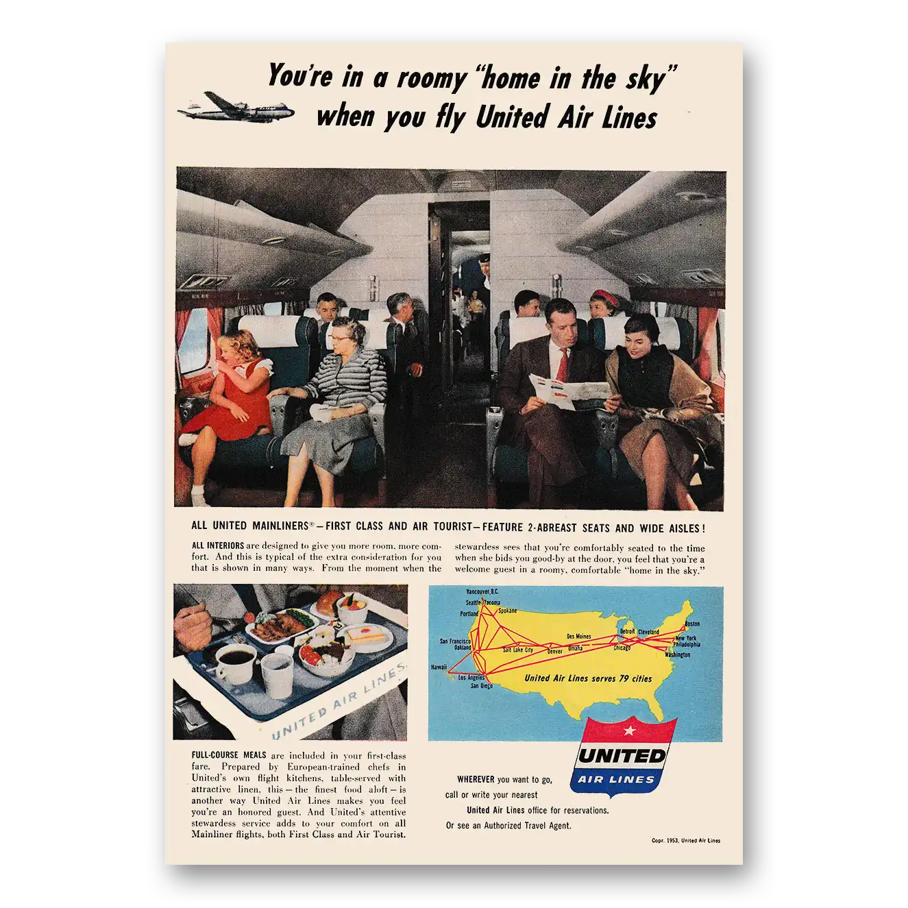 1953 United Airlines Roomy Home In the Sky Vintage Magazine Print Ad