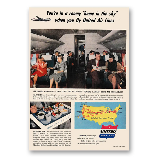 1953 United Airlines Roomy Home In the Sky Vintage Magazine Print Ad