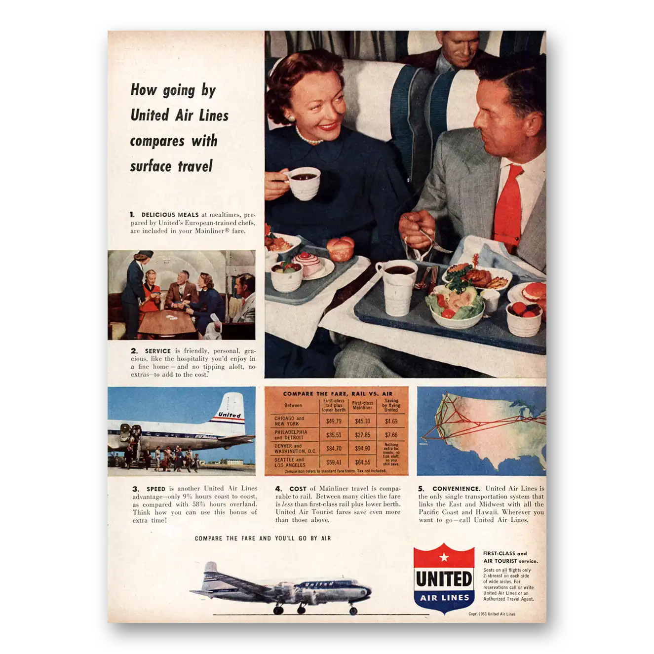 1953 United Airlines Compares With Surface Travel Vintage Magazine Print Ad