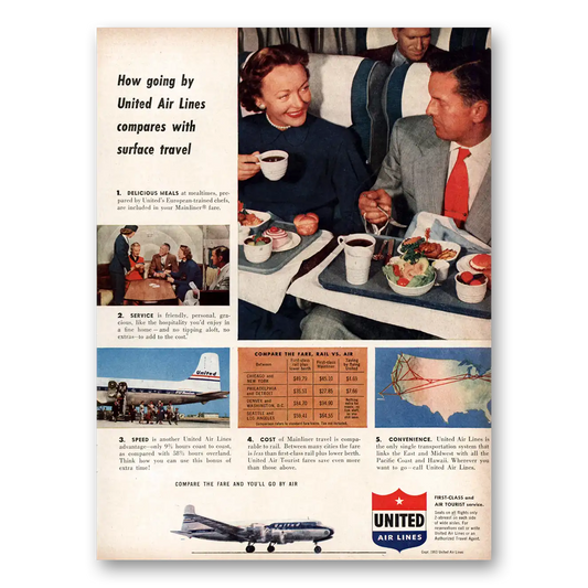 1953 United Airlines Compares With Surface Travel Vintage Magazine Print Ad