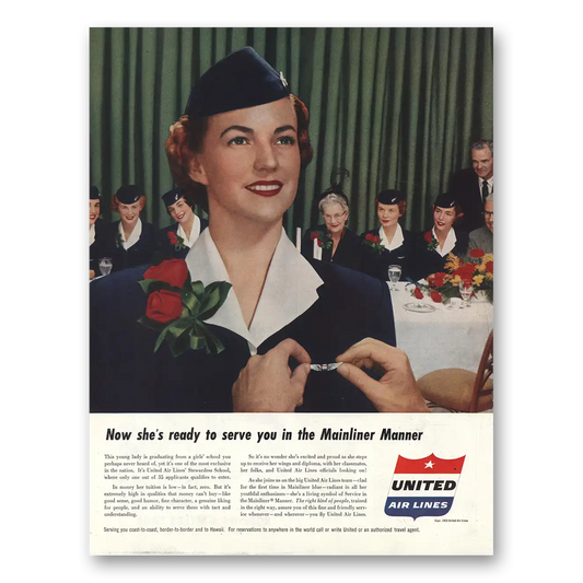 1953 United Airlines Stewardess Mainliner Manner Vintage Magazine Print Ad