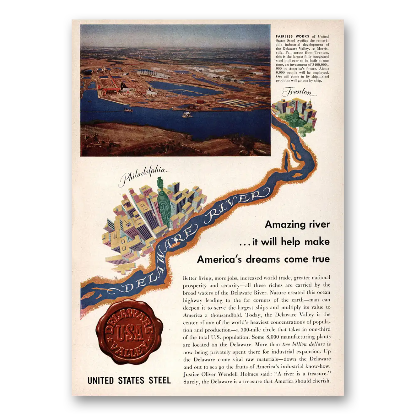 1953 United States Steel Philadelphia Delaware River Vintage Magazine Print Ad