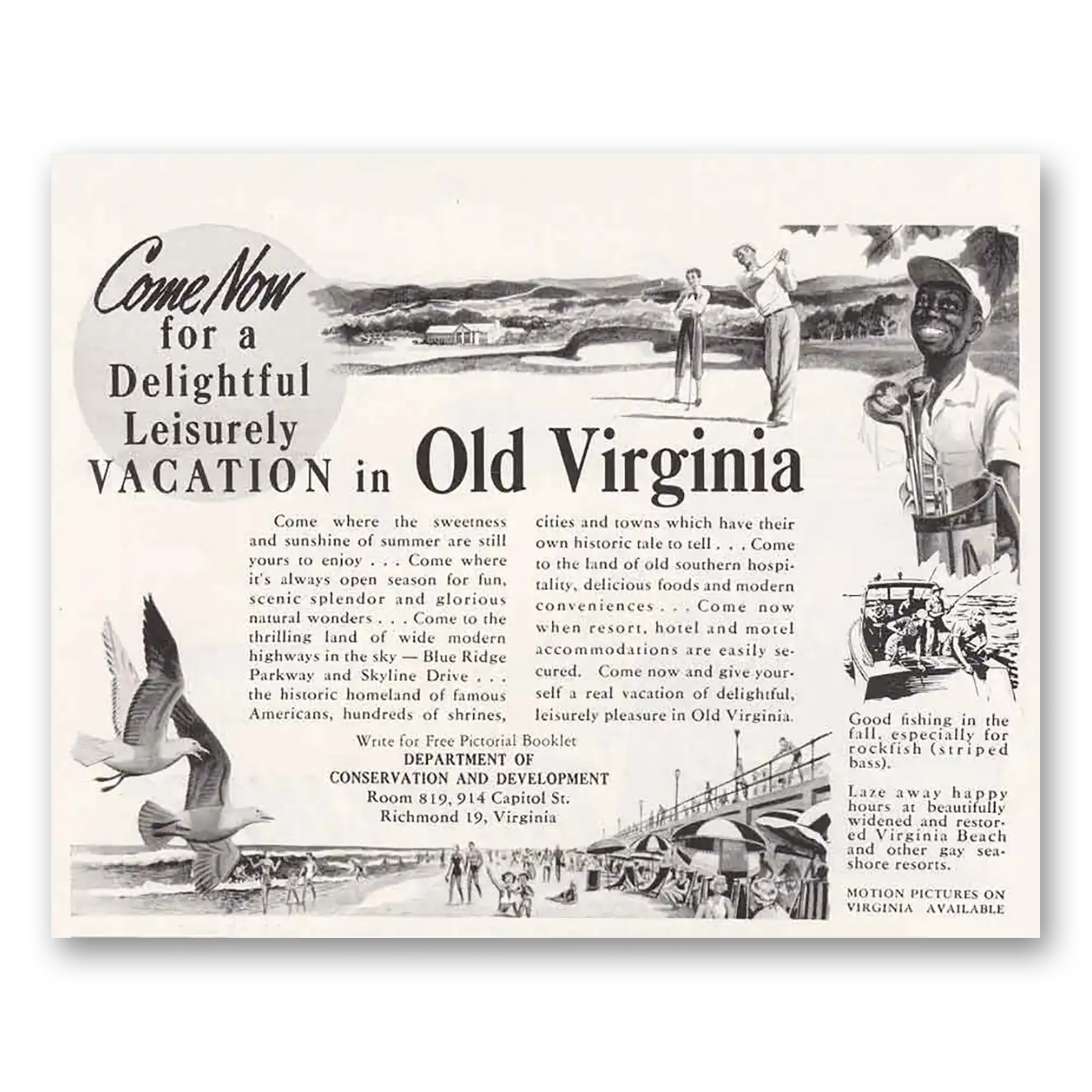 1953 Virginia Old Virginia Delightful Leisurely Vacation Vintage Magazine Print Ad