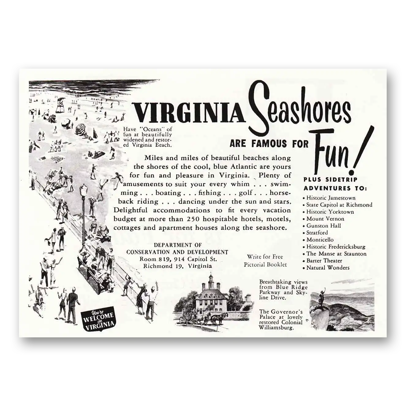 1953 Virginia Seashores Are Famous for Fun Vintage Magazine Print Ad