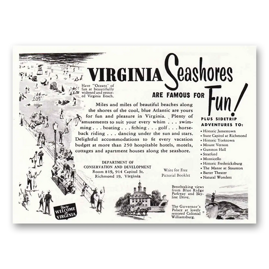 1953 Virginia Seashores Are Famous for Fun Vintage Magazine Print Ad