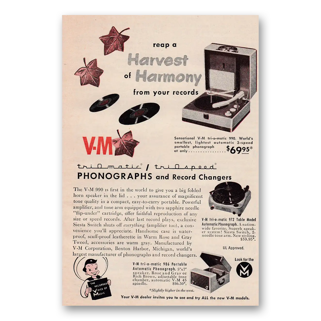 1953 Voice of Music Phonographs VM Phonographs Harvest at Harmony Vintage Magazine Print Ad