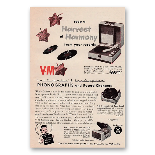 1953 Voice of Music Phonographs VM Phonographs Harvest at Harmony Vintage Magazine Print Ad