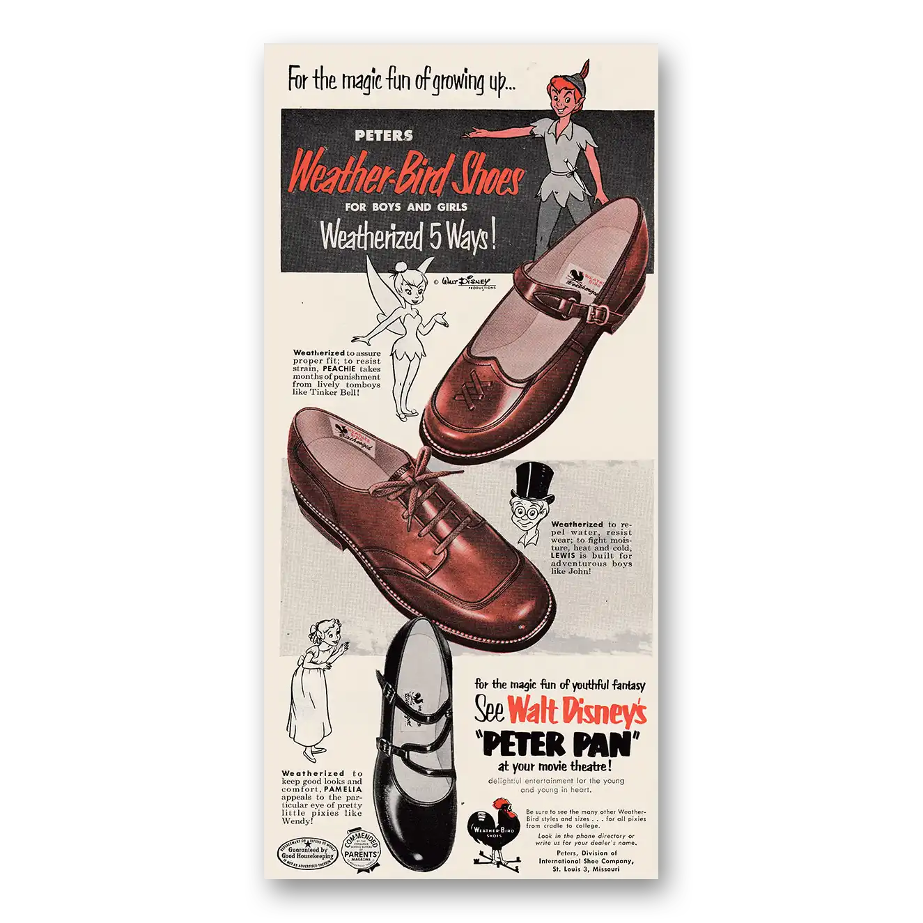 1953 Weather Bird Shoes See Walt Disney's Peter Pan Vintage Magazine Print Ad