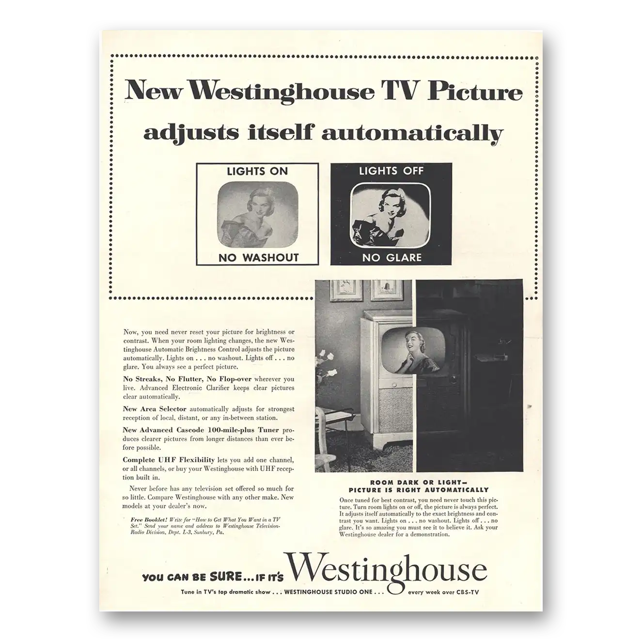 1953 Westinghouse Television Adjusts Itself Automatically Vintage Magazine Print Ad