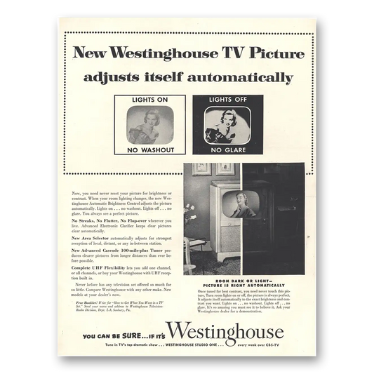 1953 Westinghouse Television Adjusts Itself Automatically Vintage Magazine Print Ad