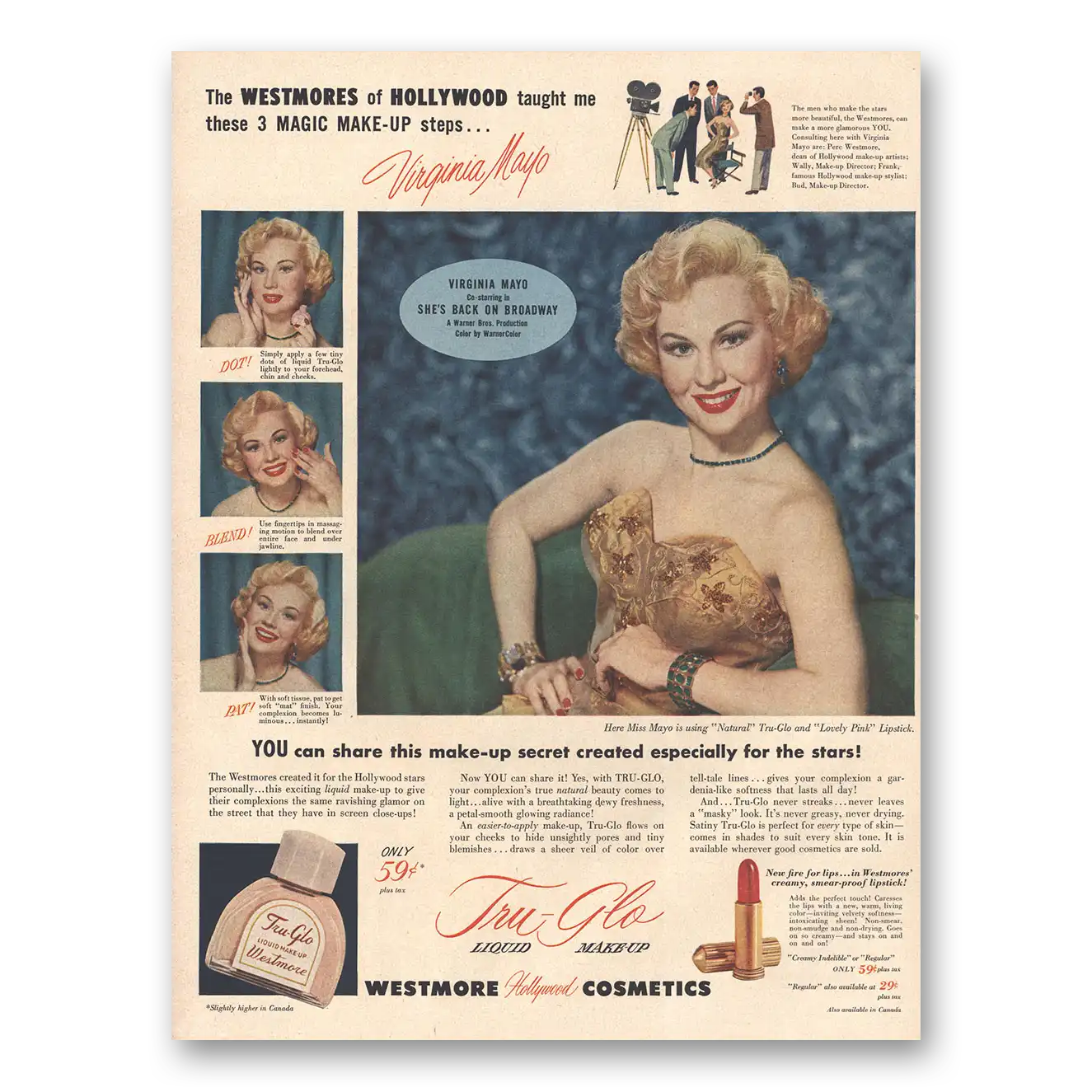 1953 Westmore Hollywood Cosmetics Virginia Mayo Vintage Magazine Print Ad