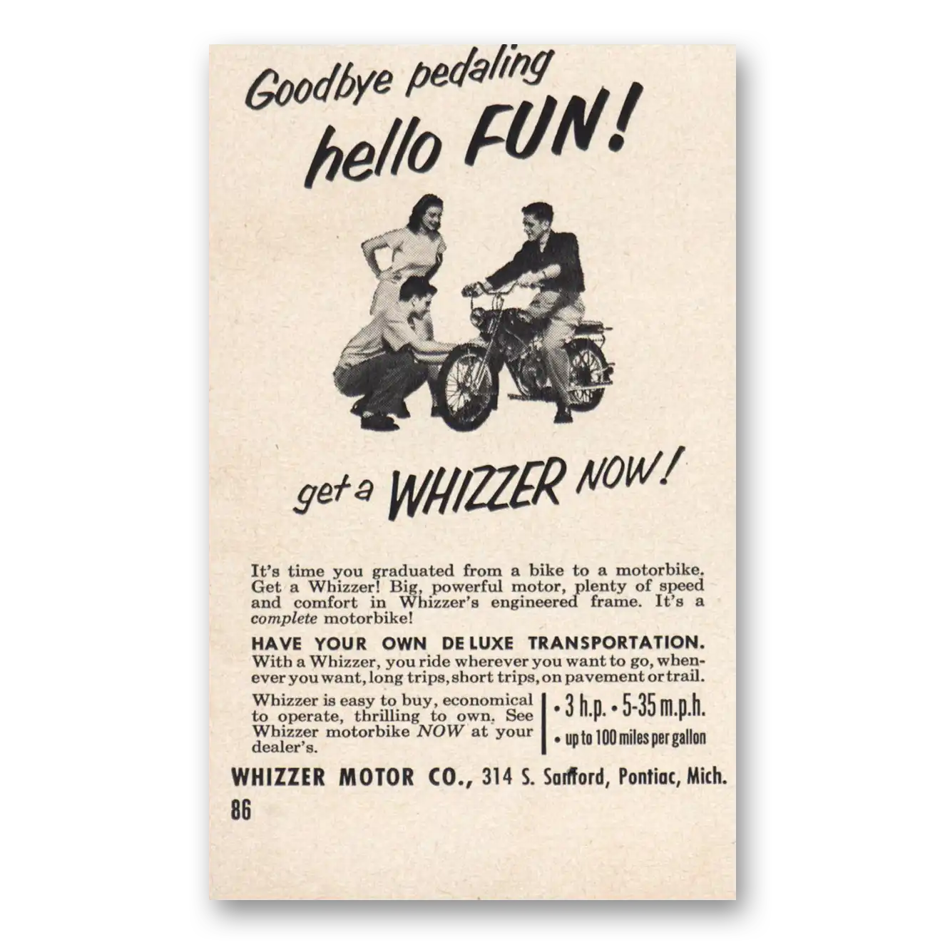 1953 Whizzer Motorbike Goodbye Pedaling Hello Fun Vintage Magazine Print Ad