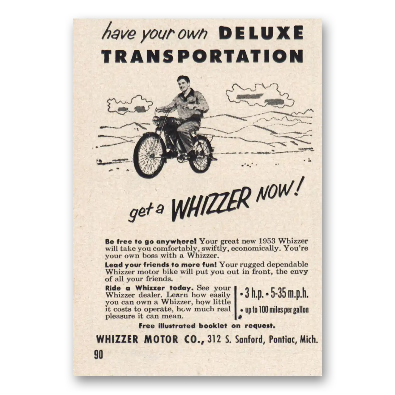 1953 Whizzer Motorbike Deluxe Transportation Vintage Magazine Print Ad