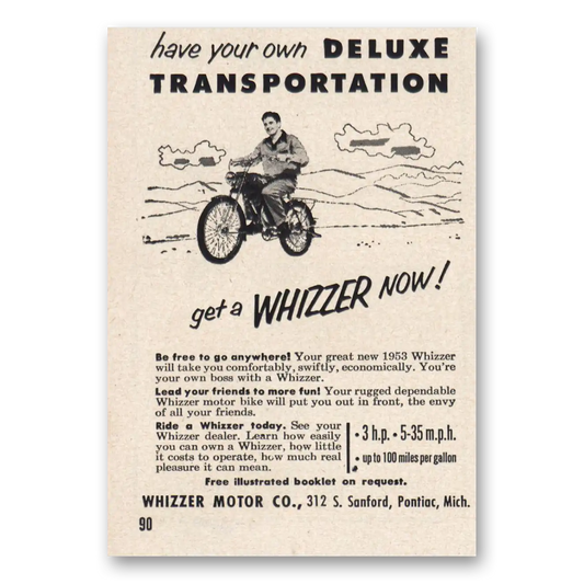 1953 Whizzer Motorbike Deluxe Transportation Vintage Magazine Print Ad