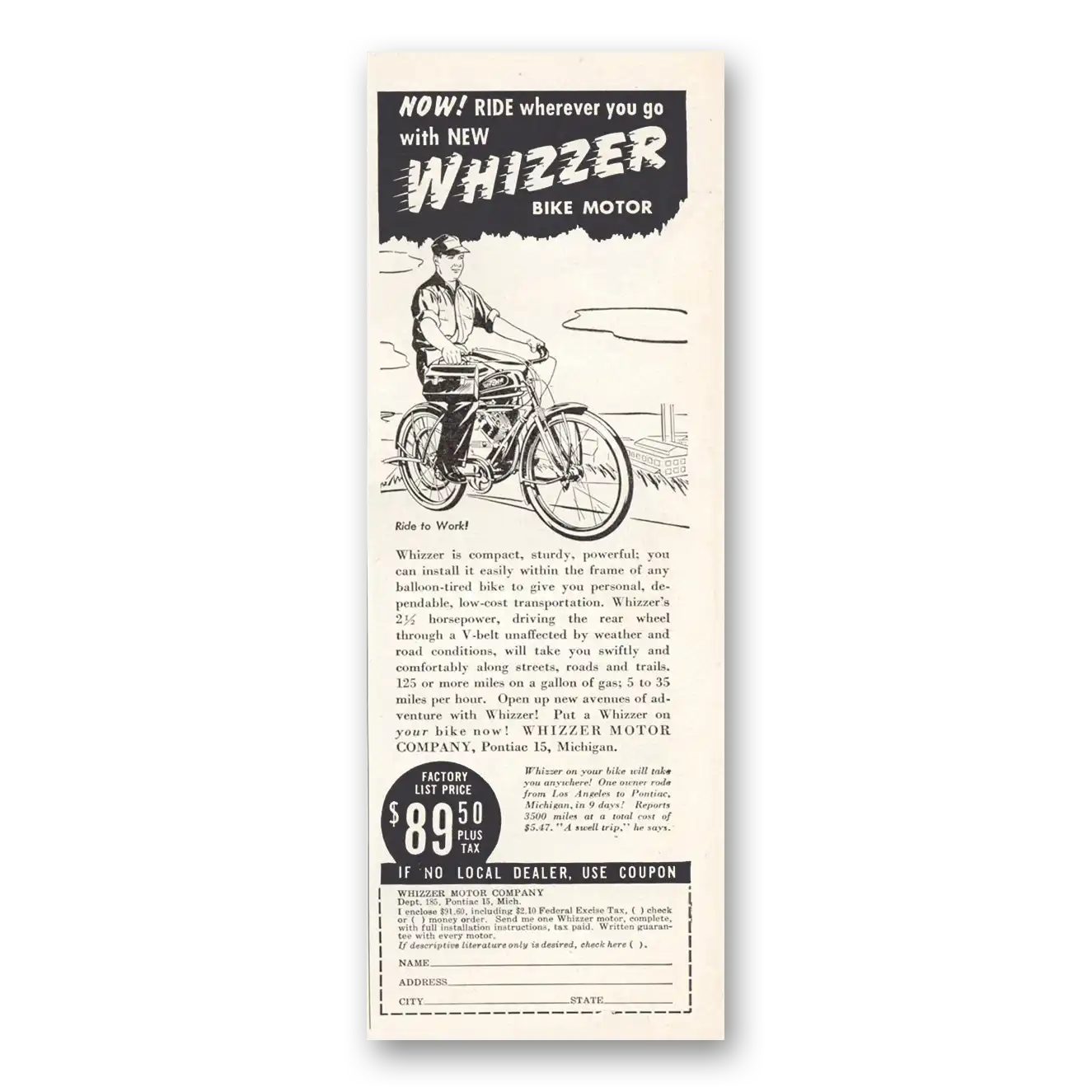 1953 Whizzer Bike Motor Bike Motor Ride Wherever You Go Vintage Magazine Print Ad