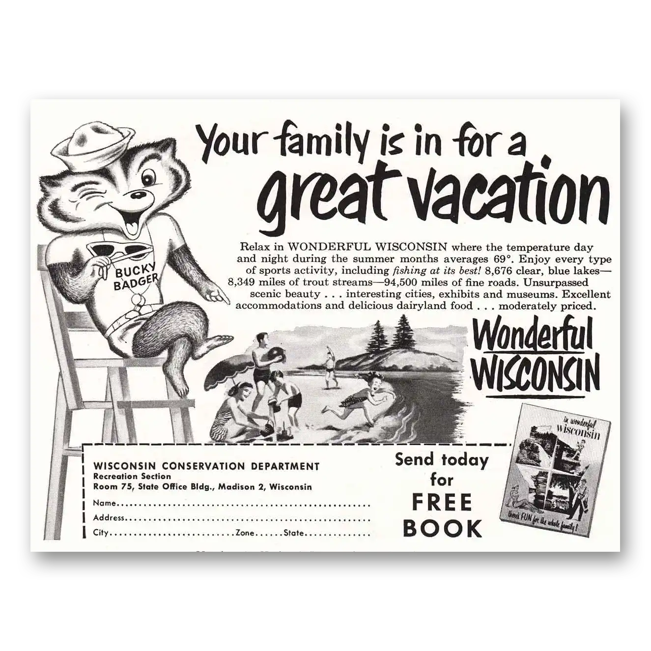 1953 Wisconsin Bucky Badger Wonderful Wisconsin Vintage Magazine Print Ad