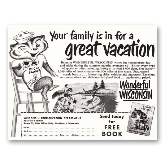 1953 Wisconsin Bucky Badger Wonderful Wisconsin Vintage Magazine Print Ad