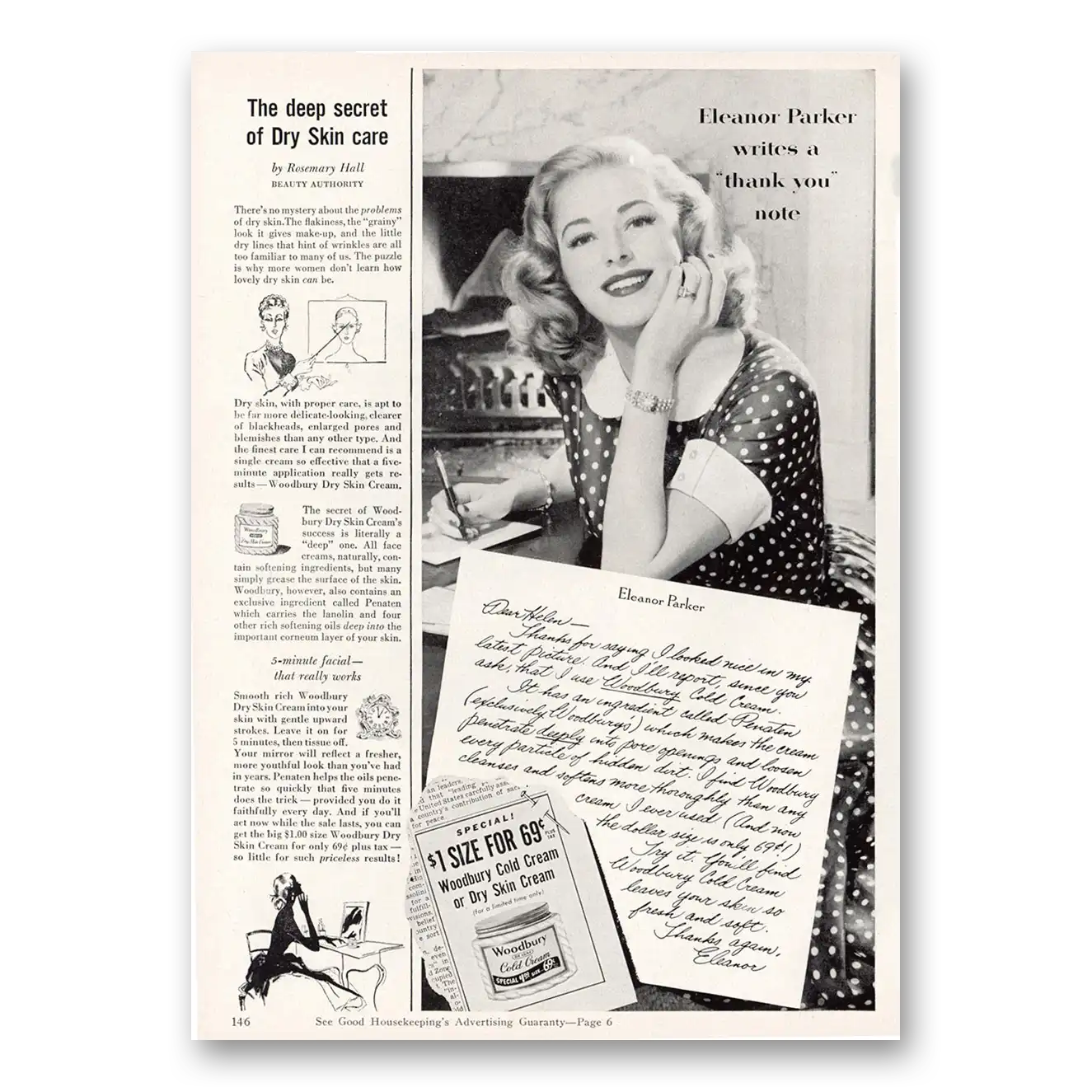 1953 Woodbury Cold Cream Eleanor Parker Writes Thank You Note Vintage Magazine Print Ad