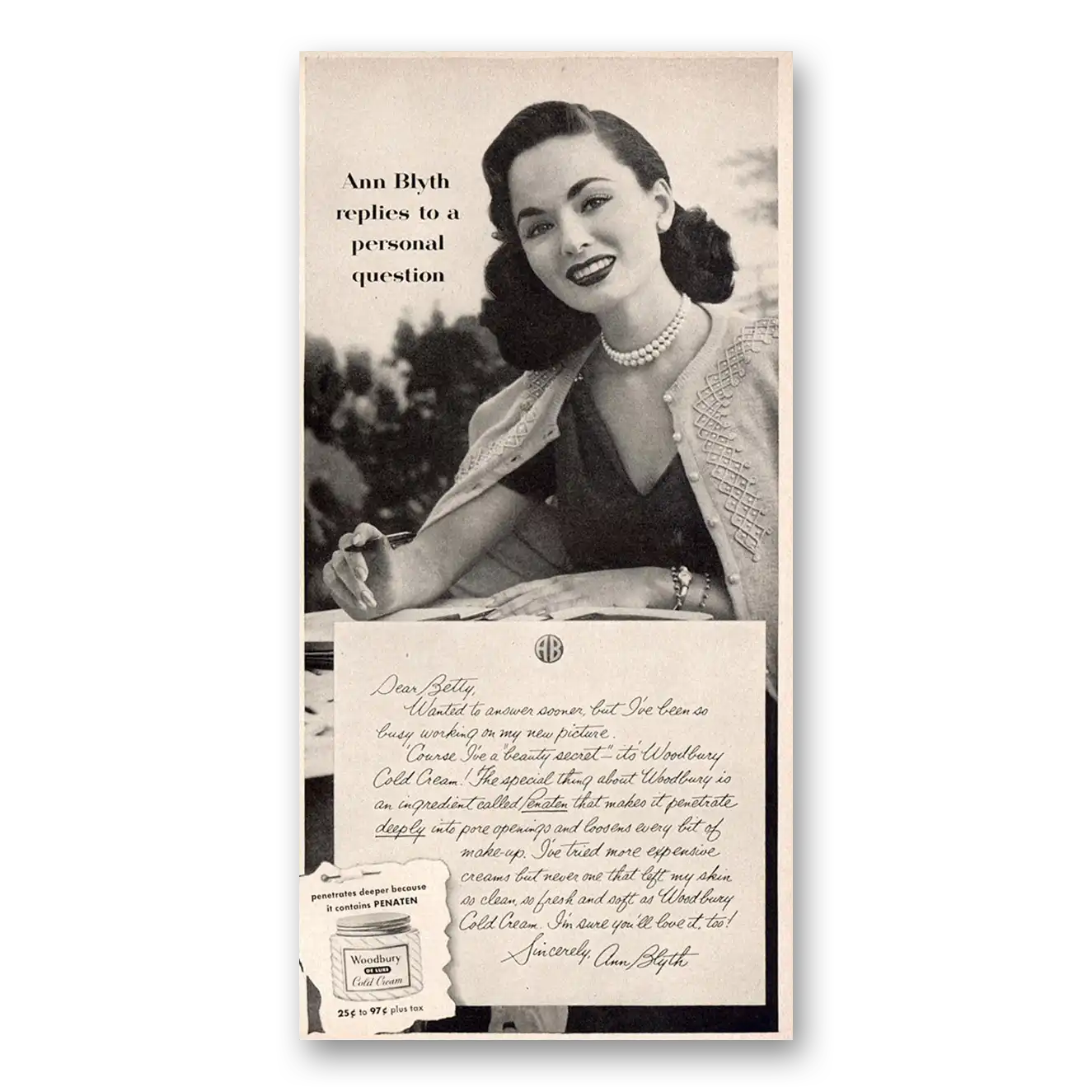 1953 Woodbury Cold Cream Ann Blyth Vintage Magazine Print Ad