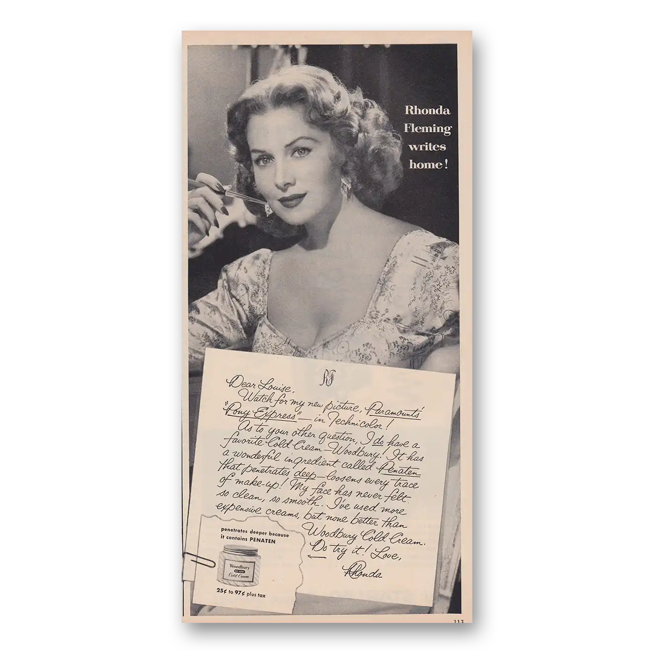 1953 Woodbury Cold Cream Rhonda Fleming Writes Home Vintage Magazine Print Ad