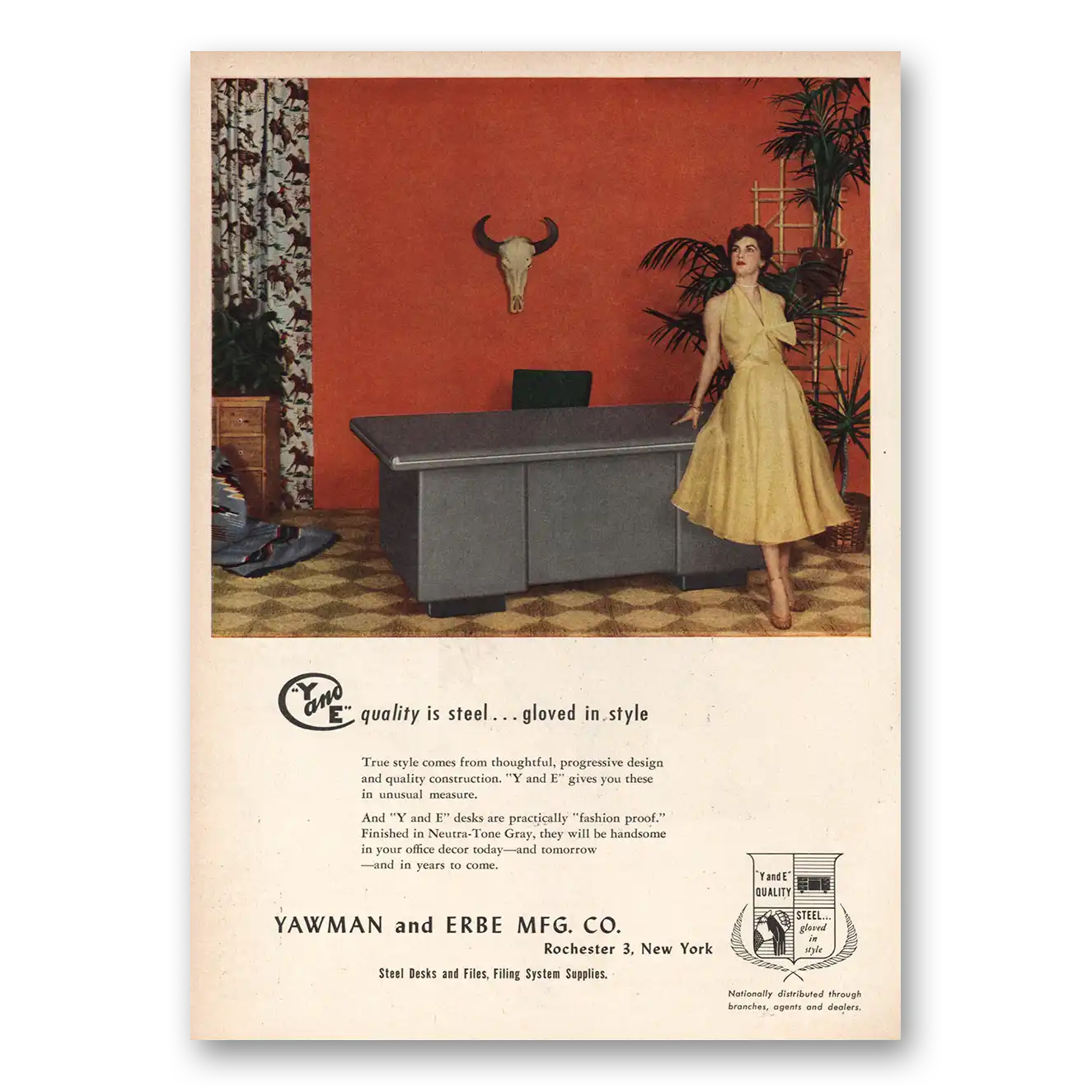 1953 Yawman and Erbe Desks Quality is Steel Gloved In Style Vintage Magazine Print Ad