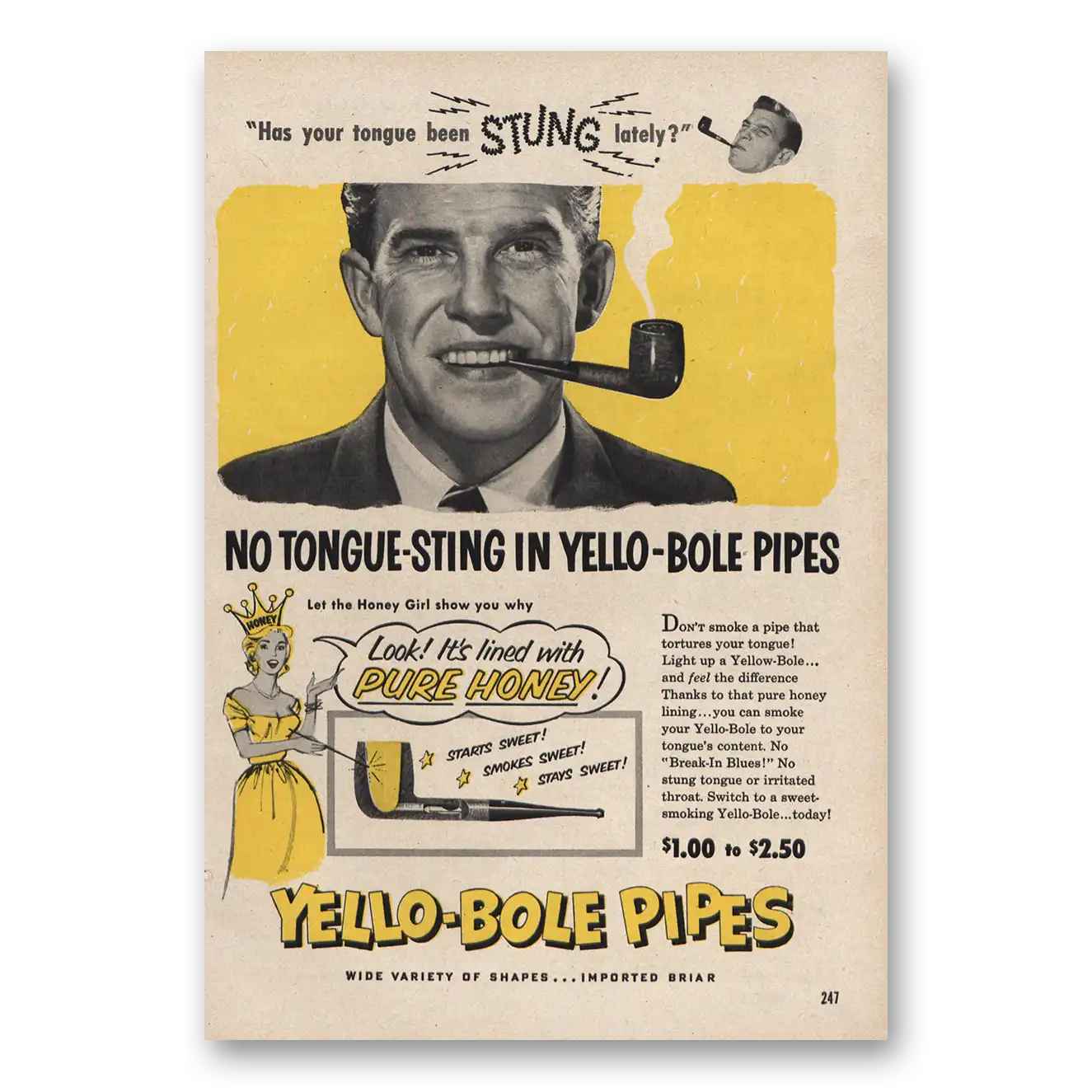 1953 Yello Bole Pipes No Tongue Sting Vintage Magazine Print Ad